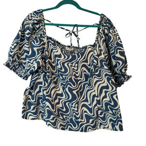 Ava & Viv Womens Cropped Blouse Top 2X Blue Cotton Short Sleeves V-Neck Smocked